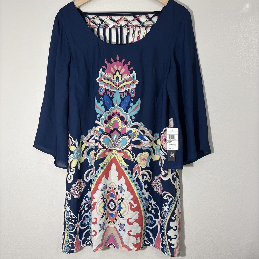 NWT As U Wish Short XL Shift Dress Flare Sleeve Lined Women's Blue Paisley READ
